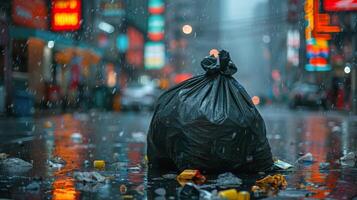 ai gegenereerd vuilnis zak verlaten in straat foto