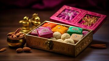 ai gegenereerd diwali snoepgoed en mithai in decoratief dozen. generatief ai foto