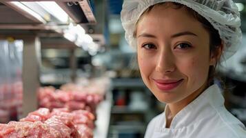 ai gegenereerd chef vrouw staand door vlees foto