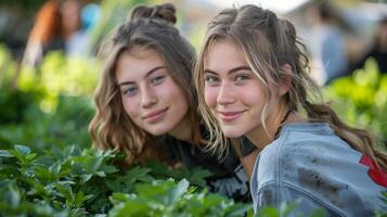 ai gegenereerd twee meisjes zittend in een groen veld- foto