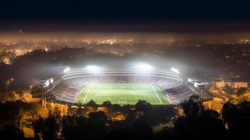 ai gegenereerd voetbal stadion verlichte Bij nacht. generatief ai foto