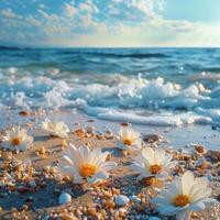ai gegenereerd wit bloemen Aan zanderig strand foto