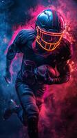 ai gegenereerd Amerikaans voetbal speler in neon licht uniform foto