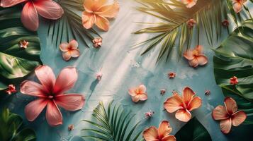 ai gegenereerd strand met roze bloemen foto