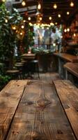 ai gegenereerd dichtbij omhoog van houten tafel in restaurant foto