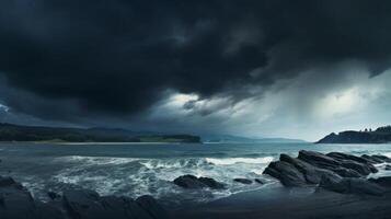 ai gegenereerd humeurig zeegezicht met dramatisch storm wolken. generatief ai foto