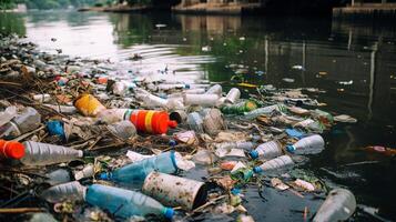 ai gegenereerd plastic verontreiniging in rivier- schade toebrengen aquatisch leven. generatief ai foto