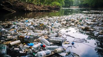 ai gegenereerd plastic verontreiniging in rivier- schade toebrengen aquatisch leven. generatief ai foto