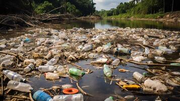 ai gegenereerd plastic verontreiniging in rivier- met dieren in het wild aangetast. generatief ai foto
