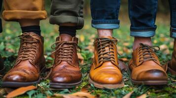 ai gegenereerd groep van mensen vervelend bruin schoenen foto