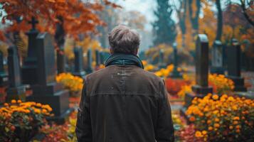 ai gegenereerd Mens wandelen door vallen begraafplaats foto