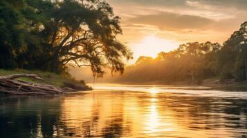 ai gegenereerd de rustig schoonheid van een rivier- Bij gouden uur. generatief ai foto