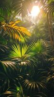 ai gegenereerd zon schijnend door palm boom bladeren foto