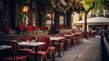 ai gegenereerd een bruisend cafe met buitenshuis zitplaatsen voor een levendig atmosfeer. generatief ai foto