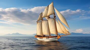 ai gegenereerd een klassiek houten het zeilen schip met golvend zeilen Aan de Open zee. generatief ai foto