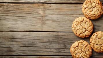 ai gegenereerd vers ronde vormig havermout koekjes liggen Aan een houten tafel foto