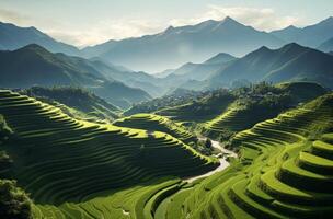 ai gegenereerd rijst- terrassen in Vietnam in de zonsondergang foto