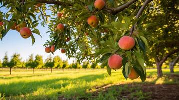 ai gegenereerd een vredig boomgaard met rijp fruit Aan de bomen. generatief ai foto