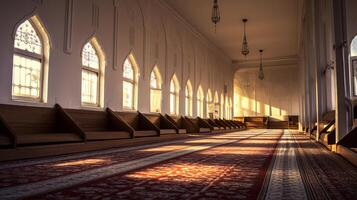 ai gegenereerd een vredig moskee interieur met rijen van gebed matten. generatief ai foto