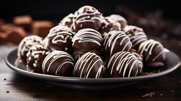 ai gegenereerd bord van chocola truffels met glanzend af hebben. generatief ai foto