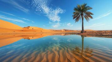 ai gegenereerd een eenzaam palm boom staat bewaker naast een kristalhelder zwembad, omarmd door gouden zand duinen. foto