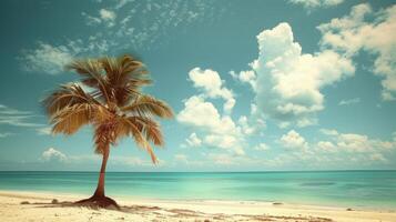 ai gegenereerd een palm boom staand hoog Aan een tropisch strand, reeks tegen een backdrop van blauw luchten en pluizig wit wolken foto