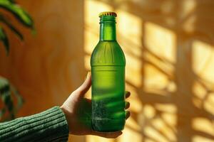 ai gegenereerd persoon Holding groen fles foto