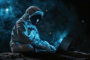 ai gegenereerd astronaut gebruik makend van laptop Aan maan foto