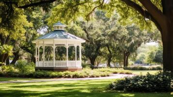 ai gegenereerd stad park bruiloft met een charmant Prieel. generatief ai foto