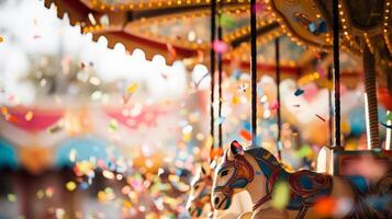 ai gegenereerd detailopname van confetti Aan een carnaval carrousel. generatief ai foto