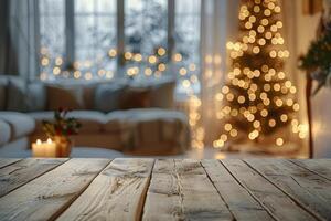 ai gegenereerd houten tafel met Kerstmis boom in achtergrond foto