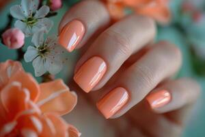 ai gegenereerd dames hand- met roze manicure Holding bundel van bloemen foto