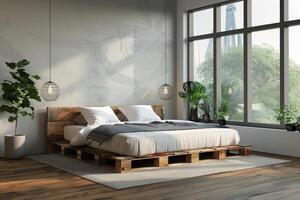 ai gegenereerd slaapkamer met houten pallets bed foto