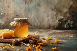 ai gegenereerd pot van honing en honingraten Aan tafel foto