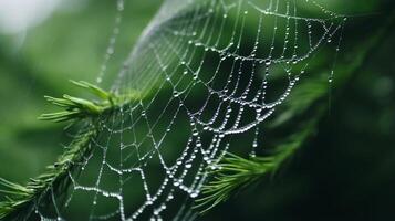 ai gegenereerd hyper zoom schot van een spinnenweb gedekt in ochtend- dauw. generatief ai foto