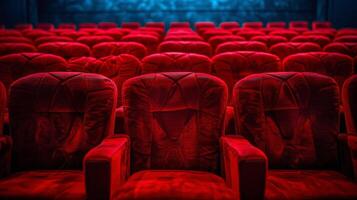 ai gegenereerd leeg stoelen en rood lichten in theater foto