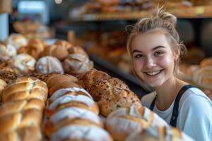 ai gegenereerd glimlachen vrouw in voorkant van gebakken goederen rek foto