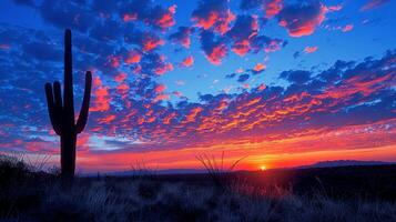 ai gegenereerd woestijn zonsondergang met cactus foto