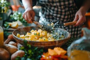 ai gegenereerd persoon Koken voedsel in kom Aan tafel foto