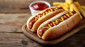 ai gegenereerd twee heet honden met mosterd en ketchup Aan snijdend bord foto