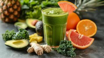 ai gegenereerd groen smoothie omringd door fruit en groenten foto