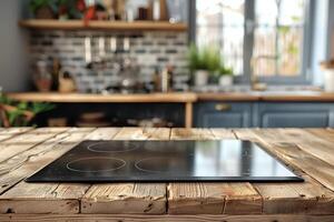 ai gegenereerd houten tafel met fornuis top oven foto