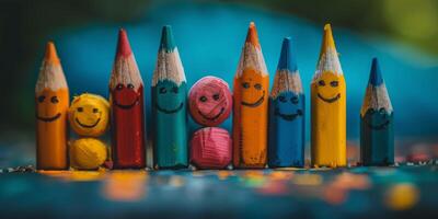 ai gegenereerd groep van gekleurde potloden met geschilderd gezichten foto