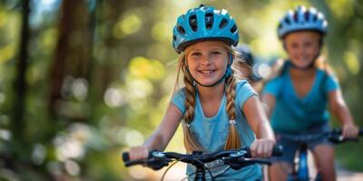 ai gegenereerd jong meisje rijden fiets met helm foto