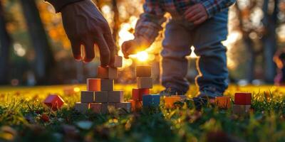 ai gegenereerd kind spelen met blokken in gras foto