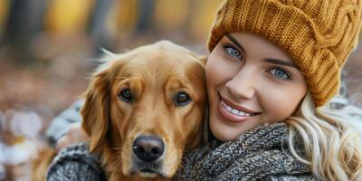 ai gegenereerd vrouw zittend Aan heuvel met hond foto