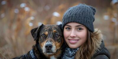 ai gegenereerd vrouw zittend Aan heuvel met hond foto