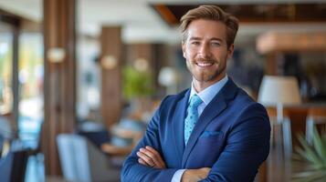 ai gegenereerd zelfverzekerd Mens in blauw pak kruisen armen foto