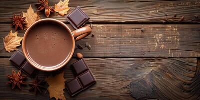 ai gegenereerd heet chocola kop Aan houten tafel foto