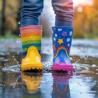 ai gegenereerd persoon spatten in kleurrijk regen laarzen foto